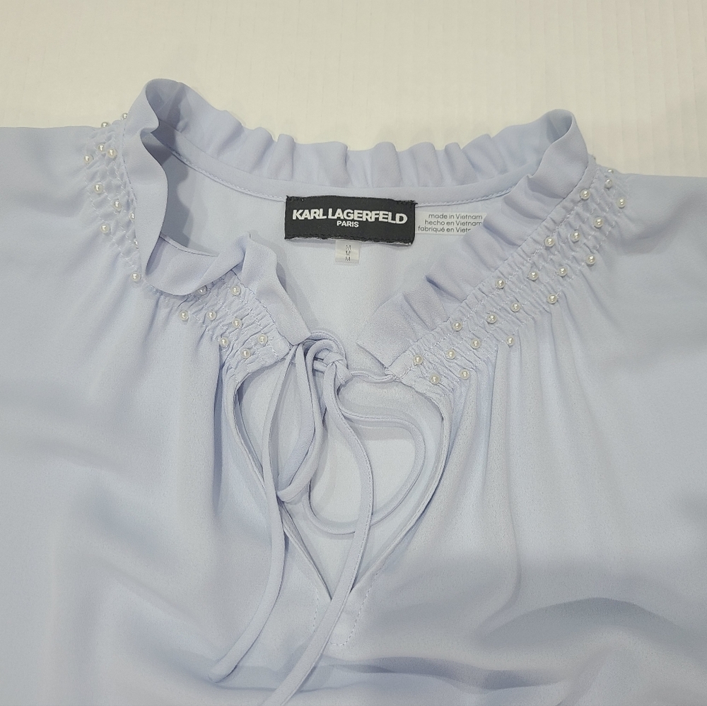 Karl Lagerfeld Paris Faux Pearl Smocked Mock Neck Top Sz M - Picture 3 of 9